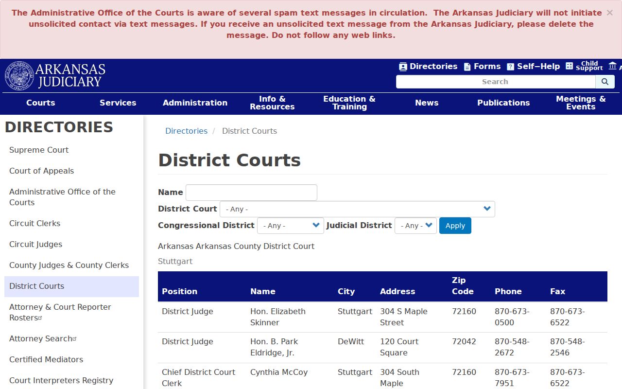 Arkansas district court directory used to route Miller County court calendar questions