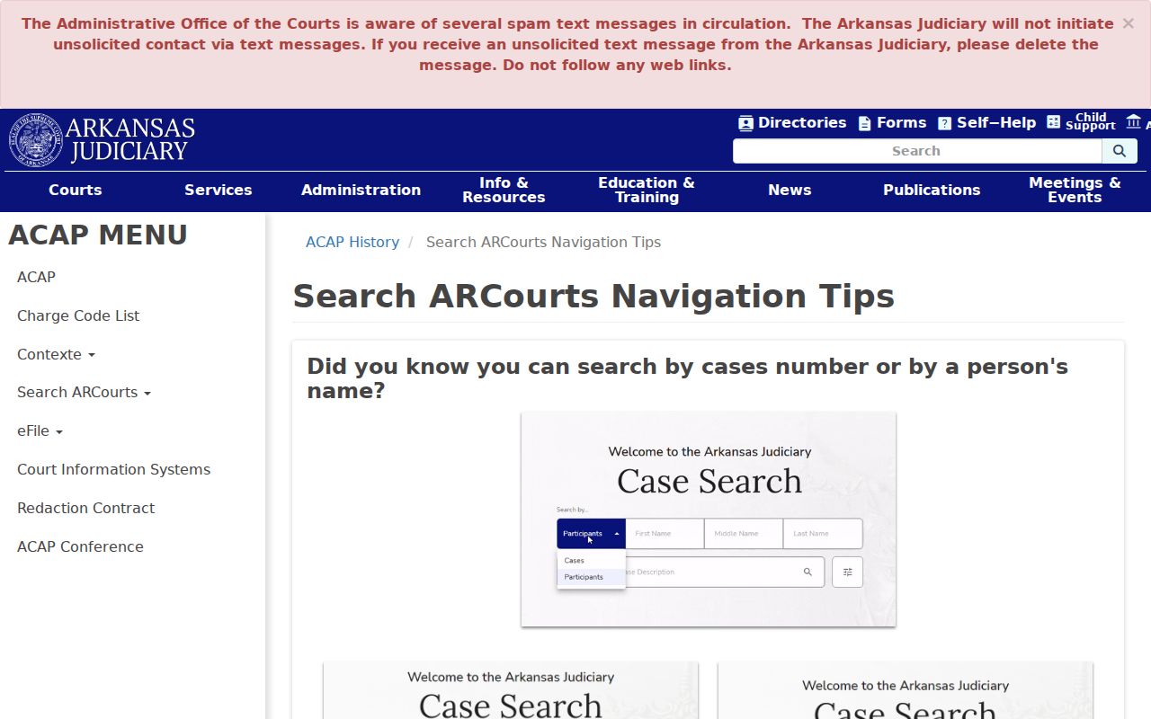Search ARCourts navigation tips for a Miller County case search