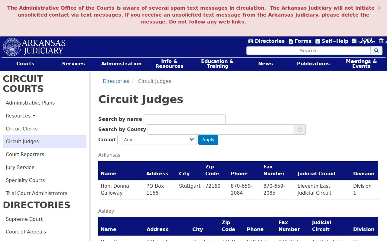 Arkansas circuit judge directory for Miller County criminal dockets