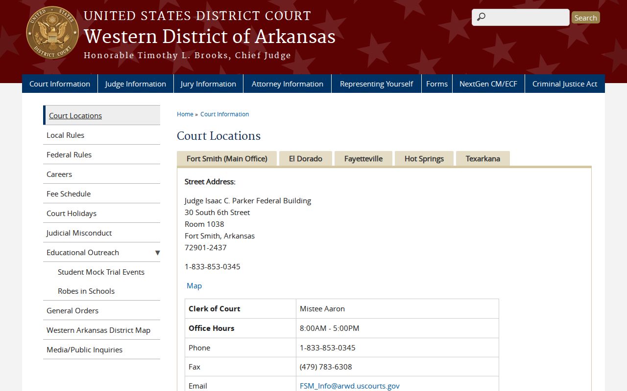 Federal courthouse page for the Texarkana Division in Arkansas